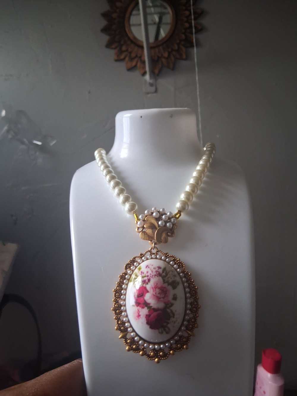 Pearl Bead Necklace with Floral Cameo Pendant - Ivory and Gold - Picture 3 of 5